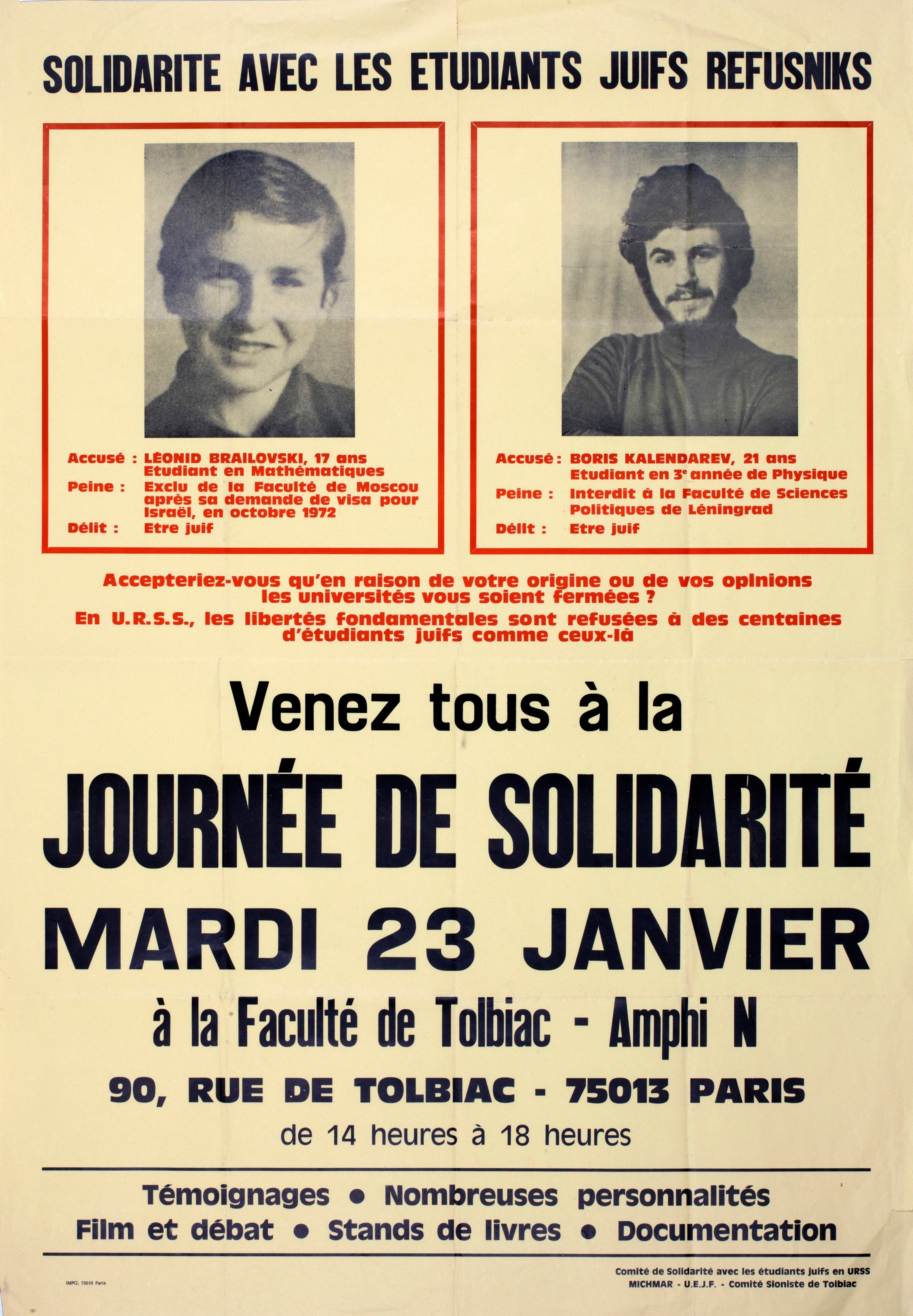 Solidarite avec les etudiants juif refusniks Leonid Brailovski, Boris Kalendarev
