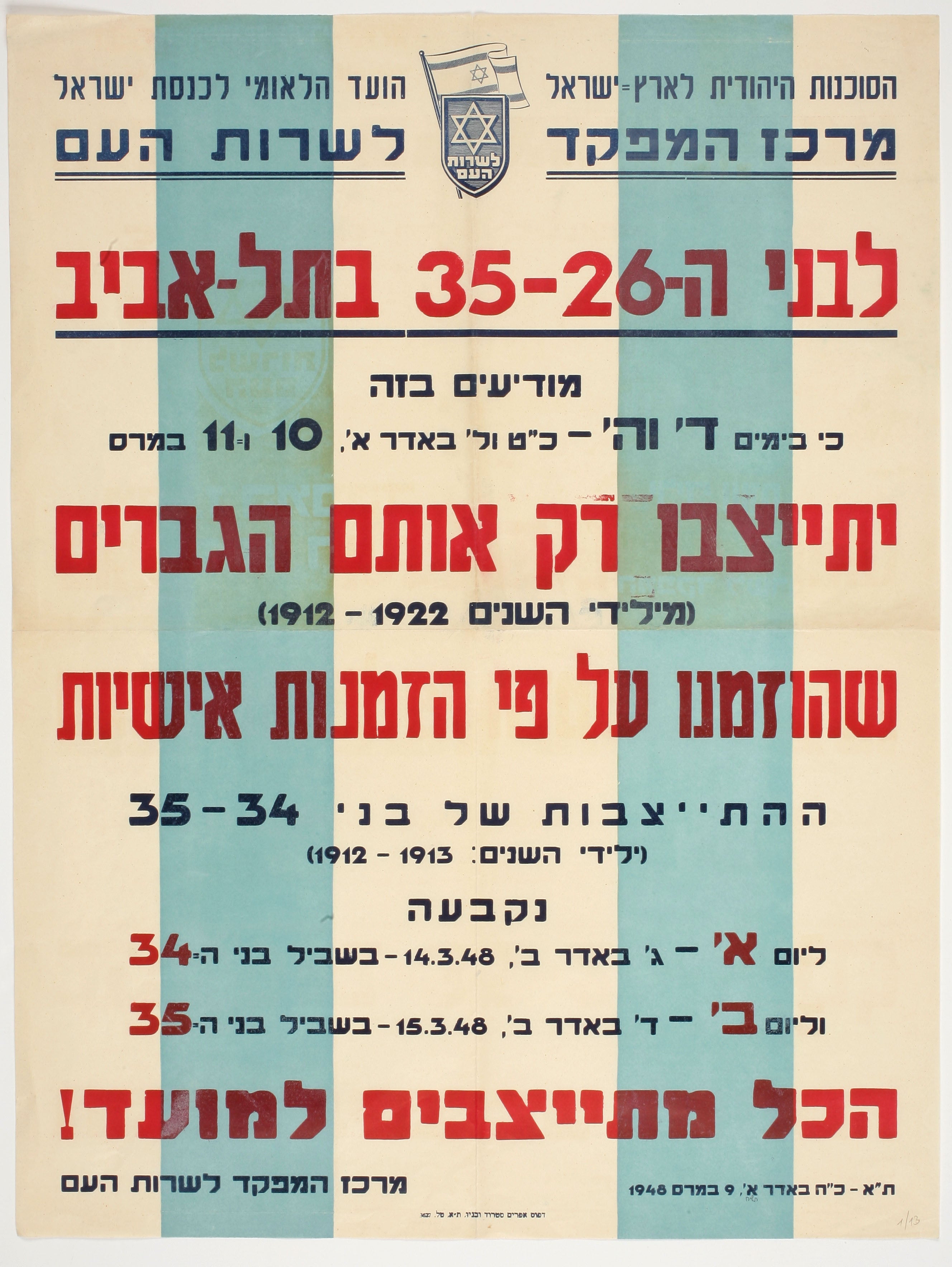 לבני ה-26-35 בתל אביב... יתייצבו רק אותם הגברים ... שהוזמנו על פי הזמנות אישיות ... הכל מתייצבים למועד